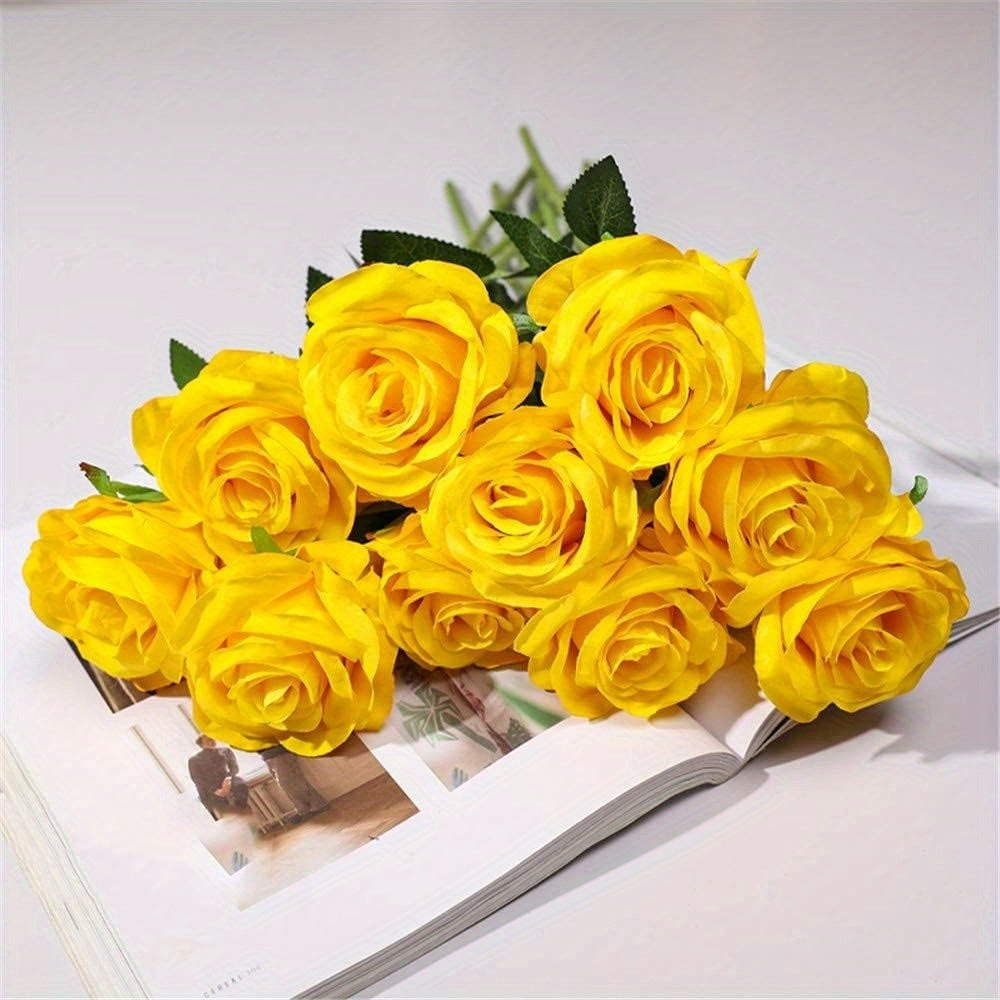 12PCS Yellow Roses Artificial Flowers -12Pcs Realistic Single Long Stem Fake Silk Roses Bouquet for Party Home Wedding Centerpiece Hotel Office Decor