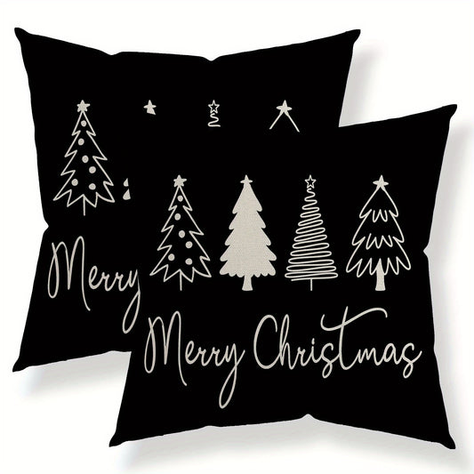 Set of 2 Contemporary Christmas Throw Pillow Covers, Woven Polyester, Zipper Closure, 18x18 Inch, Black with Printed Christmas Tree Decor for Various Room Types, Machine Washable, Decorative Pillowcases for Outdoor, Living Room, Bedroom, Home, and Party D