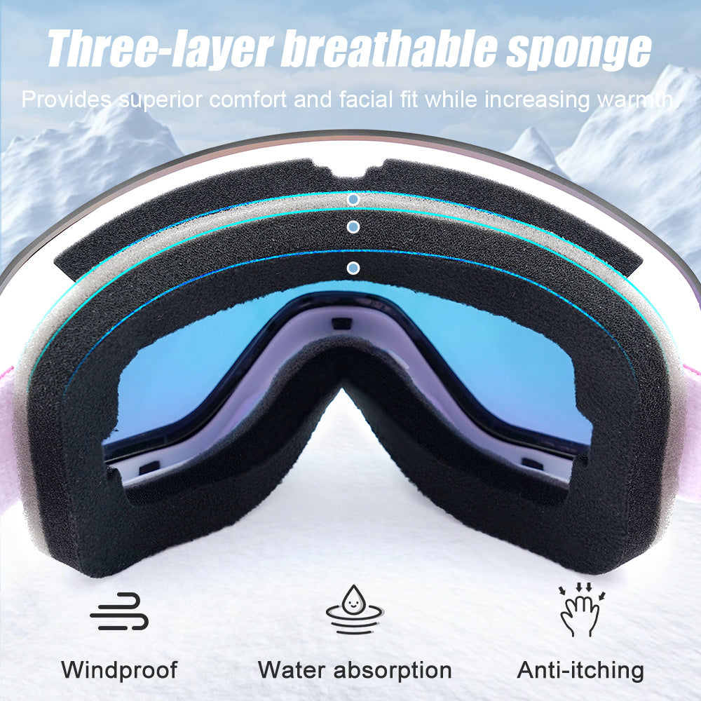 YUEDIO Ski Goggles for Adults - 2025 Model, Dual-Lens Anti-Fog, Wide Field of View, Thick Non-Slip Strap, TPU Frame, PC Material, Mirror & Reflective Lens Types - White