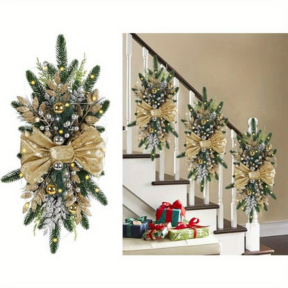 4 Pack Prelit Christmas Artificial Swags 24" Teardrop Cordless LED Lights Xmas Door Stair Decoration for Indoor Outdoor