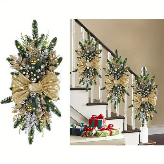 4 Pack Prelit Christmas Artificial Swags 24" Teardrop Cordless LED Lights Xmas Door Stair Decoration for Indoor Outdoor