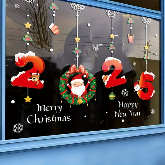 A set of classic Christmas and New Year window grille stickers, Santa Claus and snowflake electrostatic stickers, suitable for glass and mirrors, easy-to-tear holiday decorations, no power supply required