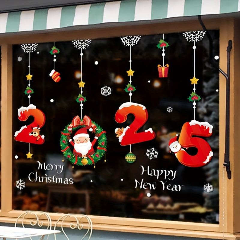 A set of classic Christmas and New Year window grille stickers, Santa Claus and snowflake electrostatic stickers, suitable for glass and mirrors, easy-to-tear holiday decorations, no power supply required