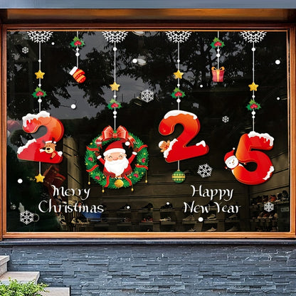 A set of classic Christmas and New Year window grille stickers, Santa Claus and snowflake electrostatic stickers, suitable for glass and mirrors, easy-to-tear holiday decorations, no power supply required