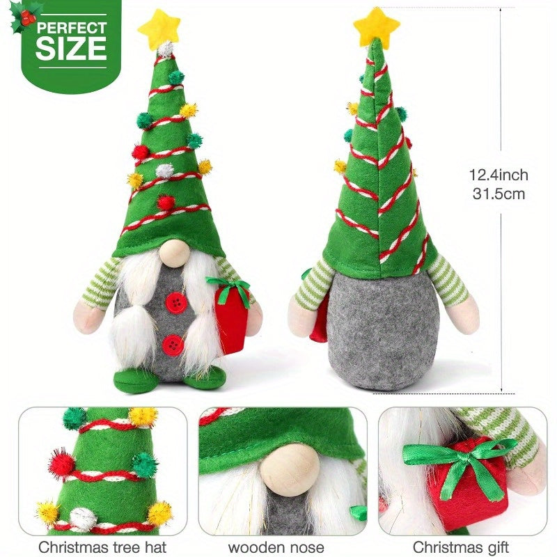 Set of 2 Christmas Gnome Plush Decorations, Xmas Farmhouse Tiered Tray Decor-Red Green Handmade Scandinavian Tomte - Home Tabletop Elf Ornaments Christmas Home Decor