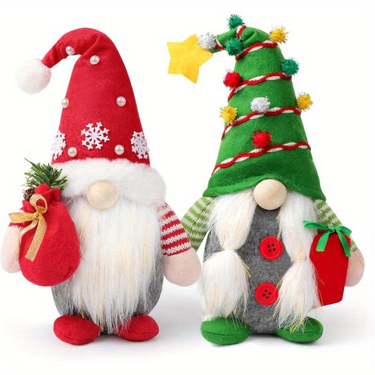 Set of 2 Christmas Gnome Plush Decorations, Xmas Farmhouse Tiered Tray Decor-Red Green Handmade Scandinavian Tomte - Home Tabletop Elf Ornaments Christmas Home Decor