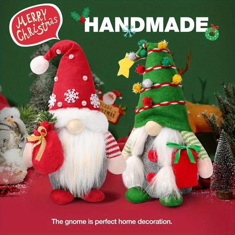 Set of 2 Christmas Gnome Plush Decorations, Xmas Farmhouse Tiered Tray Decor-Red Green Handmade Scandinavian Tomte - Home Tabletop Elf Ornaments Christmas Home Decor