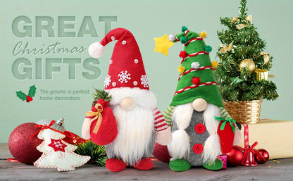 Set of 2 Christmas Gnome Plush Decorations, Xmas Farmhouse Tiered Tray Decor-Red Green Handmade Scandinavian Tomte - Home Tabletop Elf Ornaments Christmas Home Decor