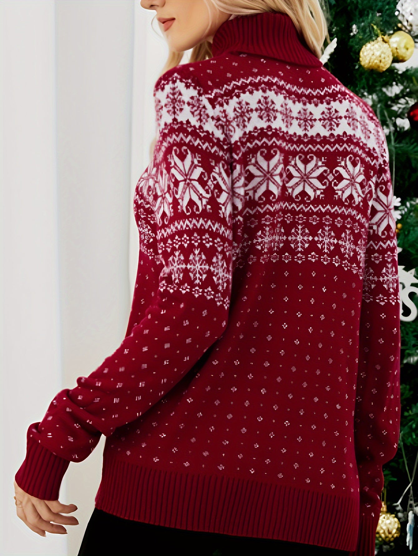 Red Women's High Necked Christmas Knitted Sweater with Snowflake Print Long Sleeved Pullover, Winter Warm Top, Christmas Sweater