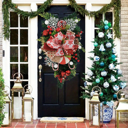 19.7in Christmas Teardrop Door Swag Wreath, Red and White Candy Cane Wreath, Artificial Teardrop Pinecone Wreaths Garland with Xmas Ball for Front Door Wall Window Decor