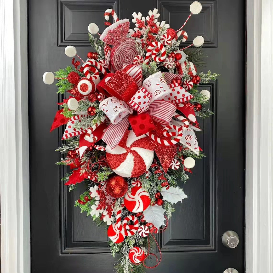 19.7in Christmas Teardrop Door Swag Wreath, Red and White Candy Cane Wreath, Artificial Teardrop Pinecone Wreaths Garland with Xmas Ball for Front Door Wall Window Decor