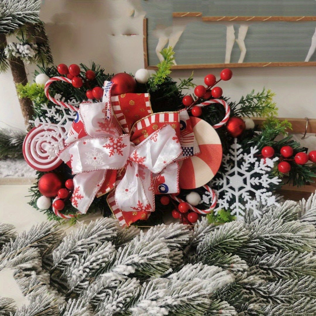 19.7in Christmas Teardrop Door Swag Wreath, Red and White Candy Cane Wreath, Artificial Teardrop Pinecone Wreaths Garland with Xmas Ball for Front Door Wall Window Decor