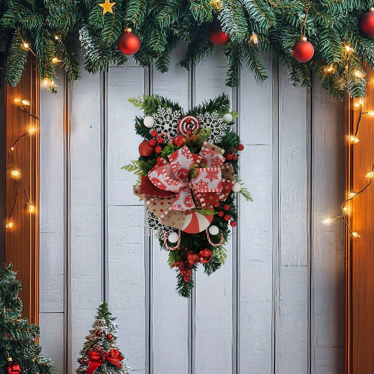 19.7in Christmas Teardrop Door Swag Wreath, Red and White Candy Cane Wreath, Artificial Teardrop Pinecone Wreaths Garland with Xmas Ball for Front Door Wall Window Decor