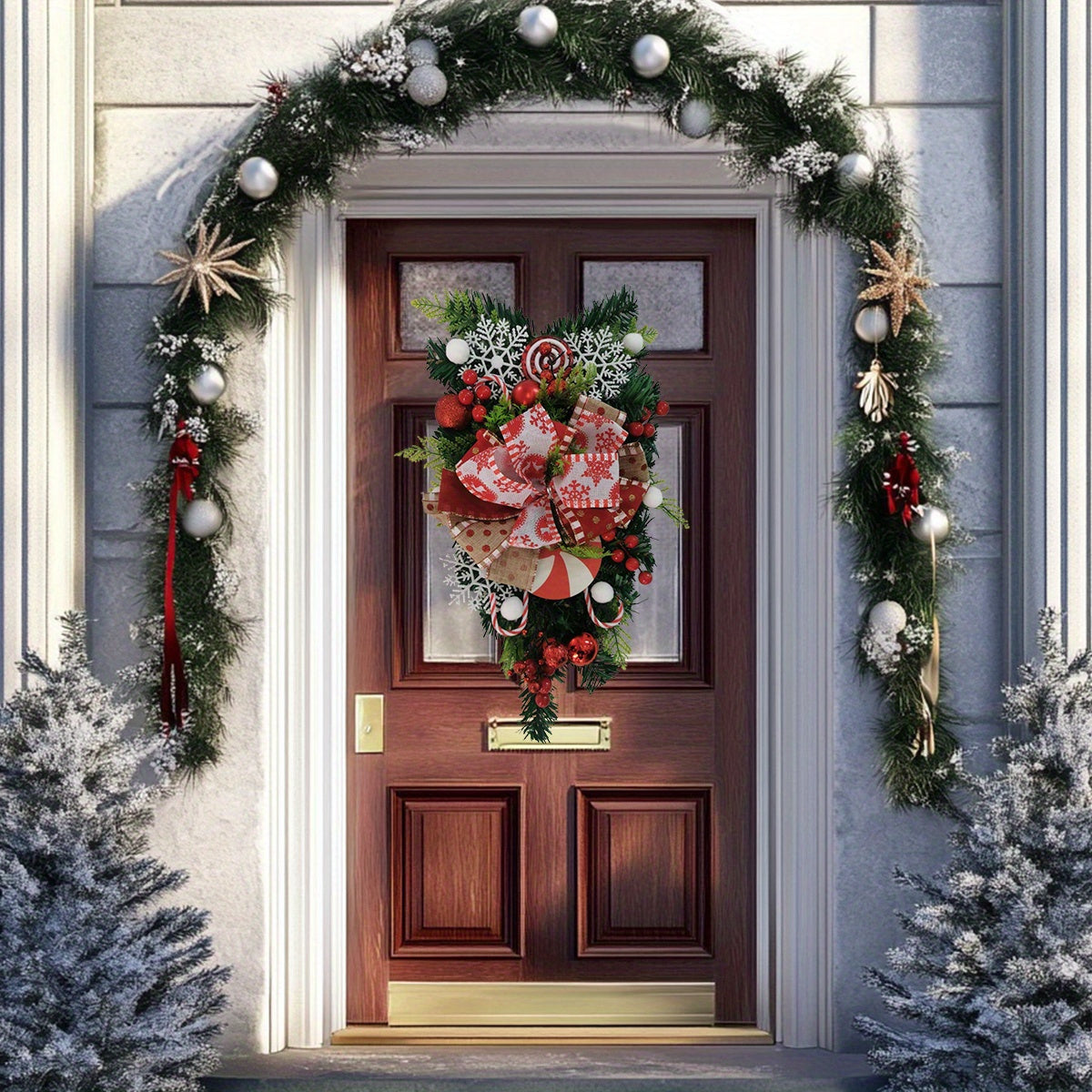 19.7in Christmas Teardrop Door Swag Wreath, Red and White Candy Cane Wreath, Artificial Teardrop Pinecone Wreaths Garland with Xmas Ball for Front Door Wall Window Decor