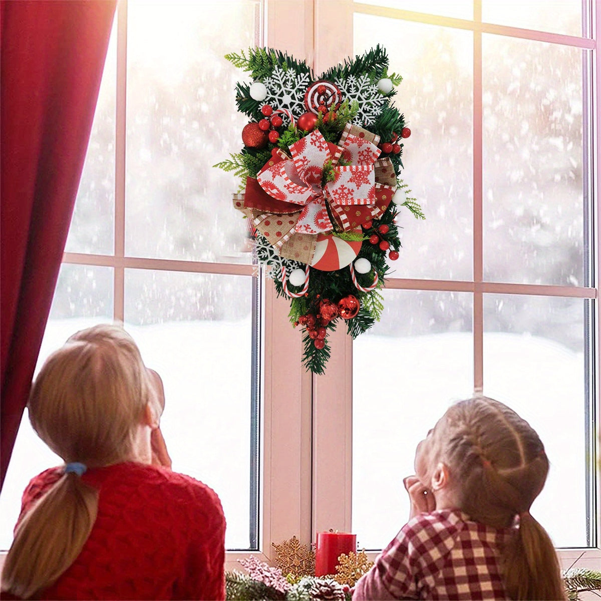 19.7in Christmas Teardrop Door Swag Wreath, Red and White Candy Cane Wreath, Artificial Teardrop Pinecone Wreaths Garland with Xmas Ball for Front Door Wall Window Decor