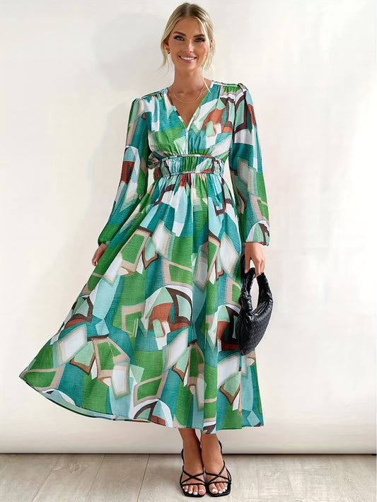 Sixsr Geo Print V Neck Dress, Boho Lantern Sleeve Dress, Women's Clothing