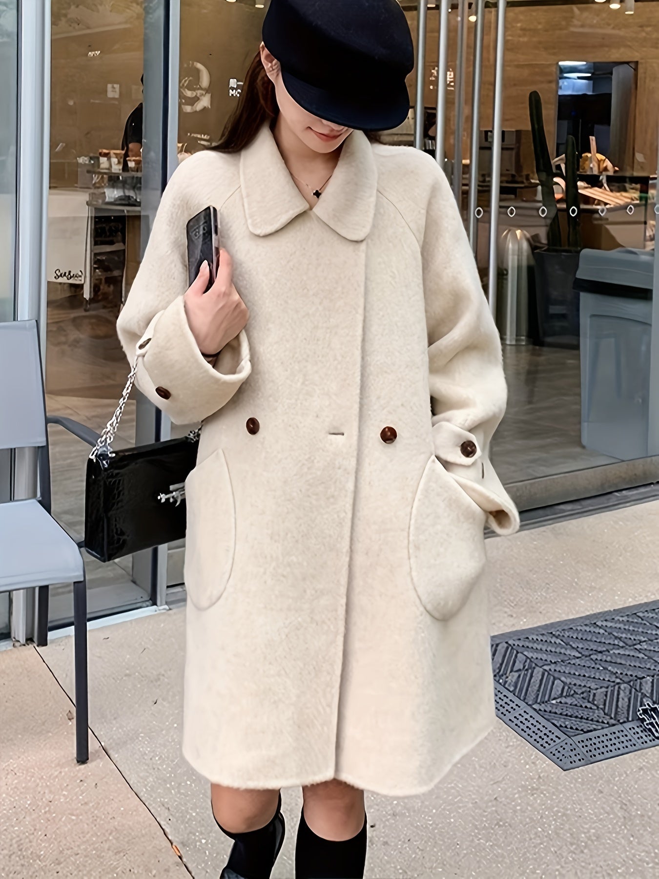 Sixsr Solid Double Breasted Pockets Overcoat, Elegant Long Sleeve Outwear For Fall & Winter, Women's Clothing