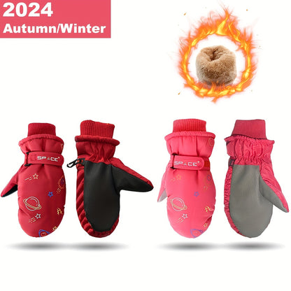 Youngsters' Winter Ski Gloves - Cozy Fleece-Lined, Waterproof & Windproof for Outdoor Cycling - Perfect Christmas Gift, Red