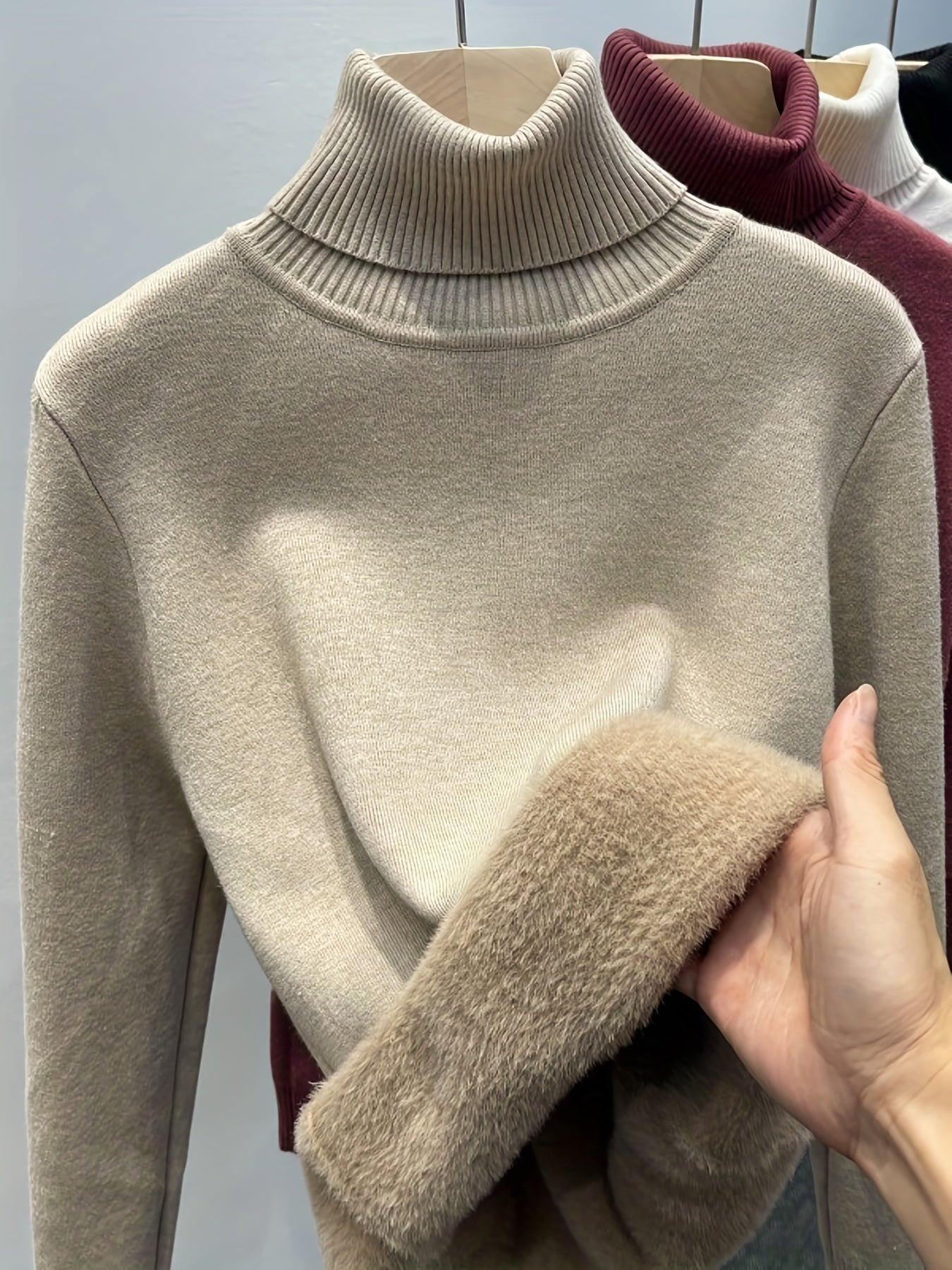 Sixsr Solid Turtle Neck Fleece Pullover Sweater, Elegant Long Sleeve Slim Thermal Sweater, Women's Clothing