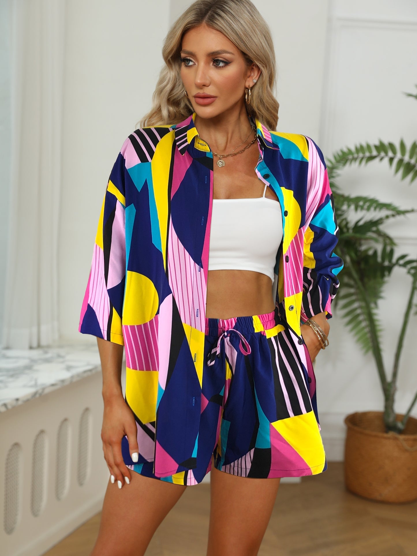 Casual Color Block Two-piece Set, Drop Shoulder Shirt & Drawstring Shorts Outfits, Women's Clothing