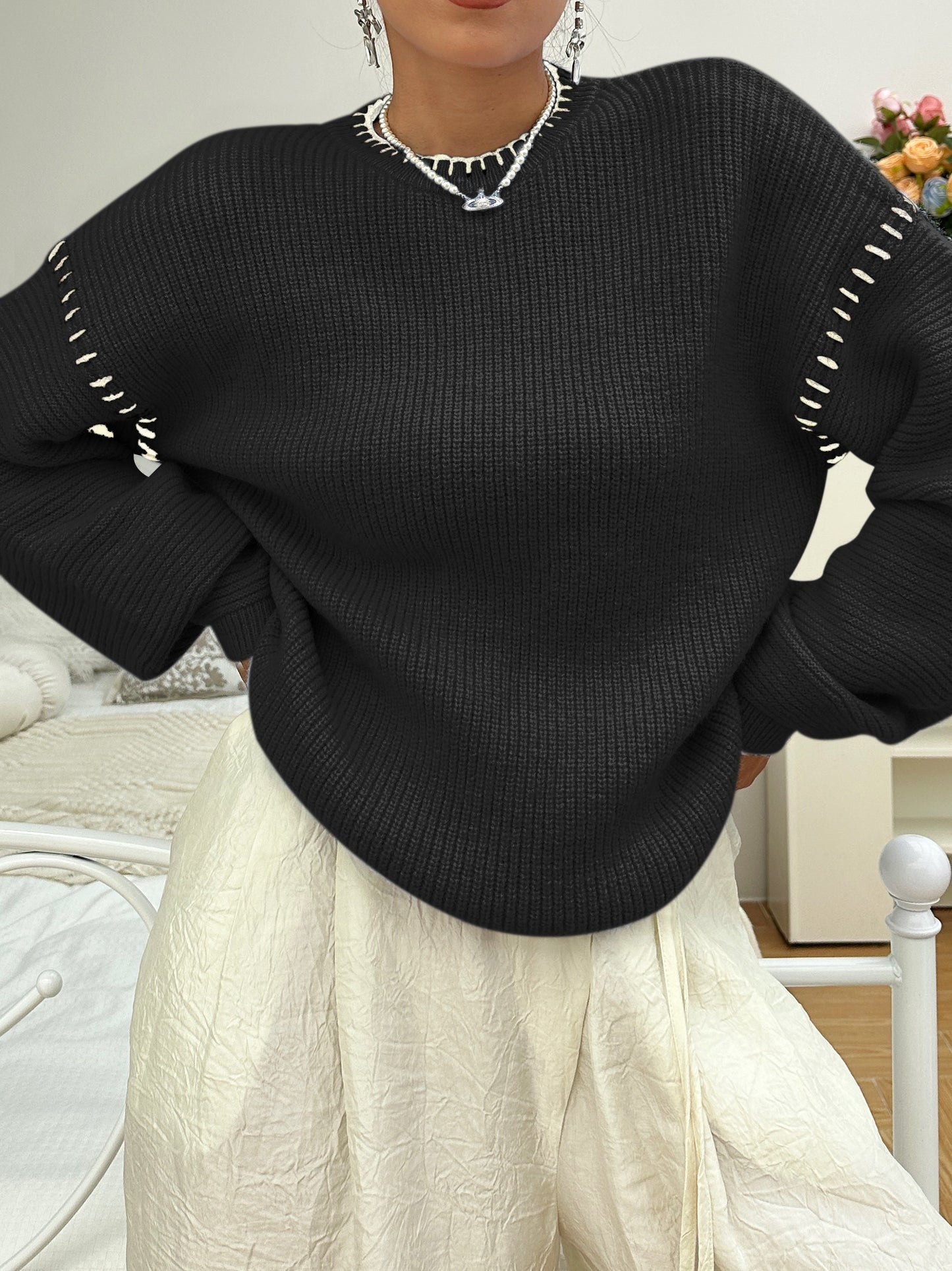 Sixsr Contrast Trim Crew Neck Sweater, Casual Long Sleeve Sweater For Fall & Winter, Women's Clothing