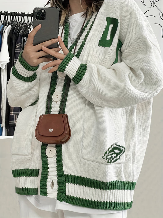 Sixsr Contrast Trim Button Up Cardigan, Casual Long Sleeve Pocket Cardigan For Fall & Winter, Women's Clothing