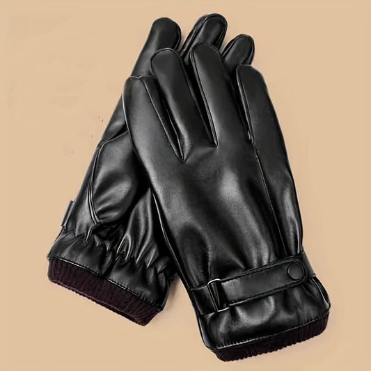 Men'S Winter Touchscreen Gloves, Warm Fleece Lining, Windproof, Enhanced Grip, Suitable for Riding & Driving, Machine Washable, PU Fabric, Button Closure - Ski Gloves for Men