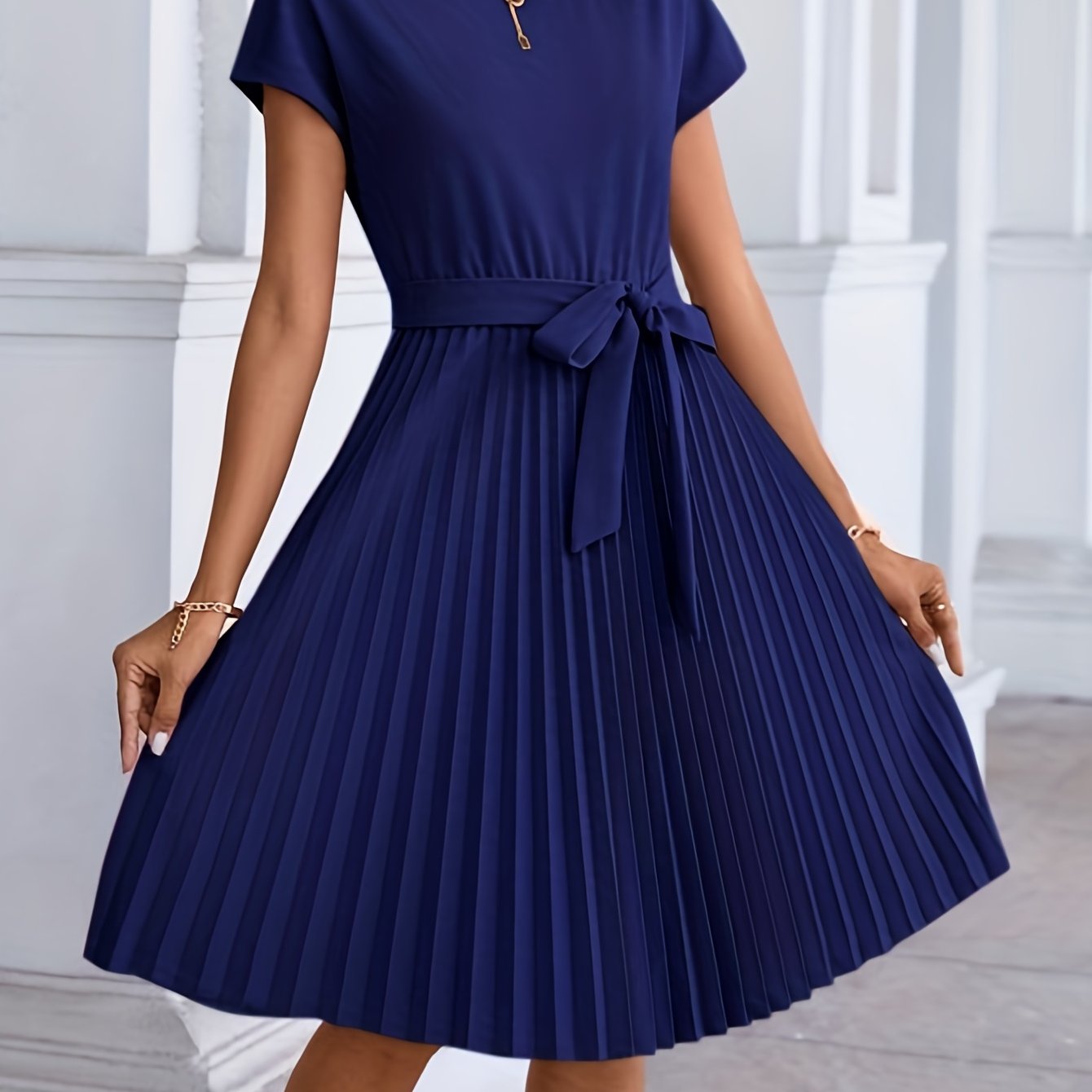 Pleated Tie Front Dress, Casual Short Sleeve Dress For Spring & Summer, Women's Clothing