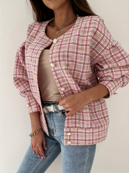 Sixsr Plaid Print Simple Jacket, Casual Button Front Long Sleeve Outerwear, Women's Clothing