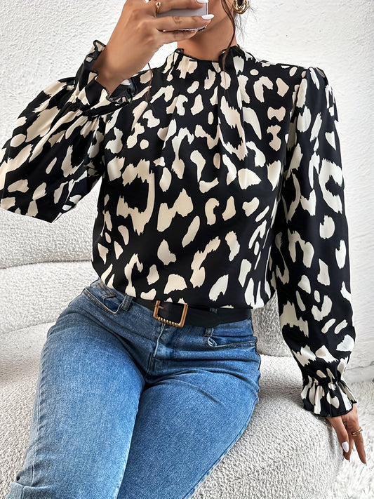 Sixsr Leopard Print Keyhole Blouse, Casual High Neck Long Sleeve Blouse, Women's Clothing
