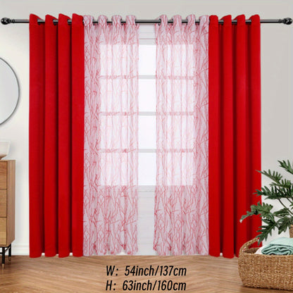 1 Panel Branch Printed Sheer Curtain + 1 Panel Blackout Curtain - Panels for Bedroom, Office, Living Room Home Decor with Grommet Top Window Drapes