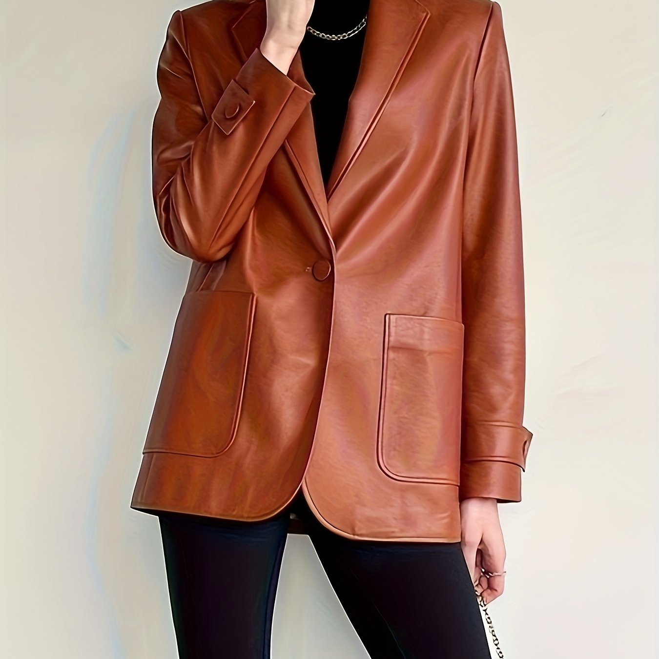 Sixsr Faux Leather Button Front Blazer, Elegant Dual Pockets Lapel Long Sleeve Blazer For Office & Work, Women's Clothing