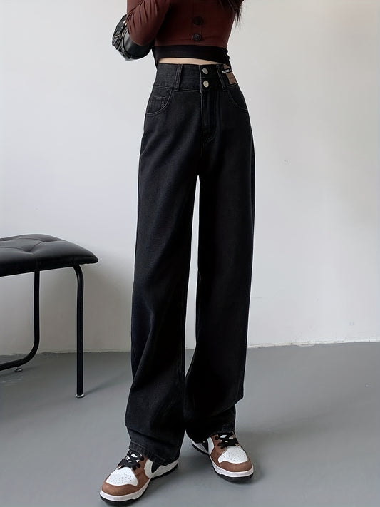 Sixsr Plain Double Button Straight Jeans, Loose Fit High Waist Wide Legs Jeans, Women's Denim Jeans & Clothing