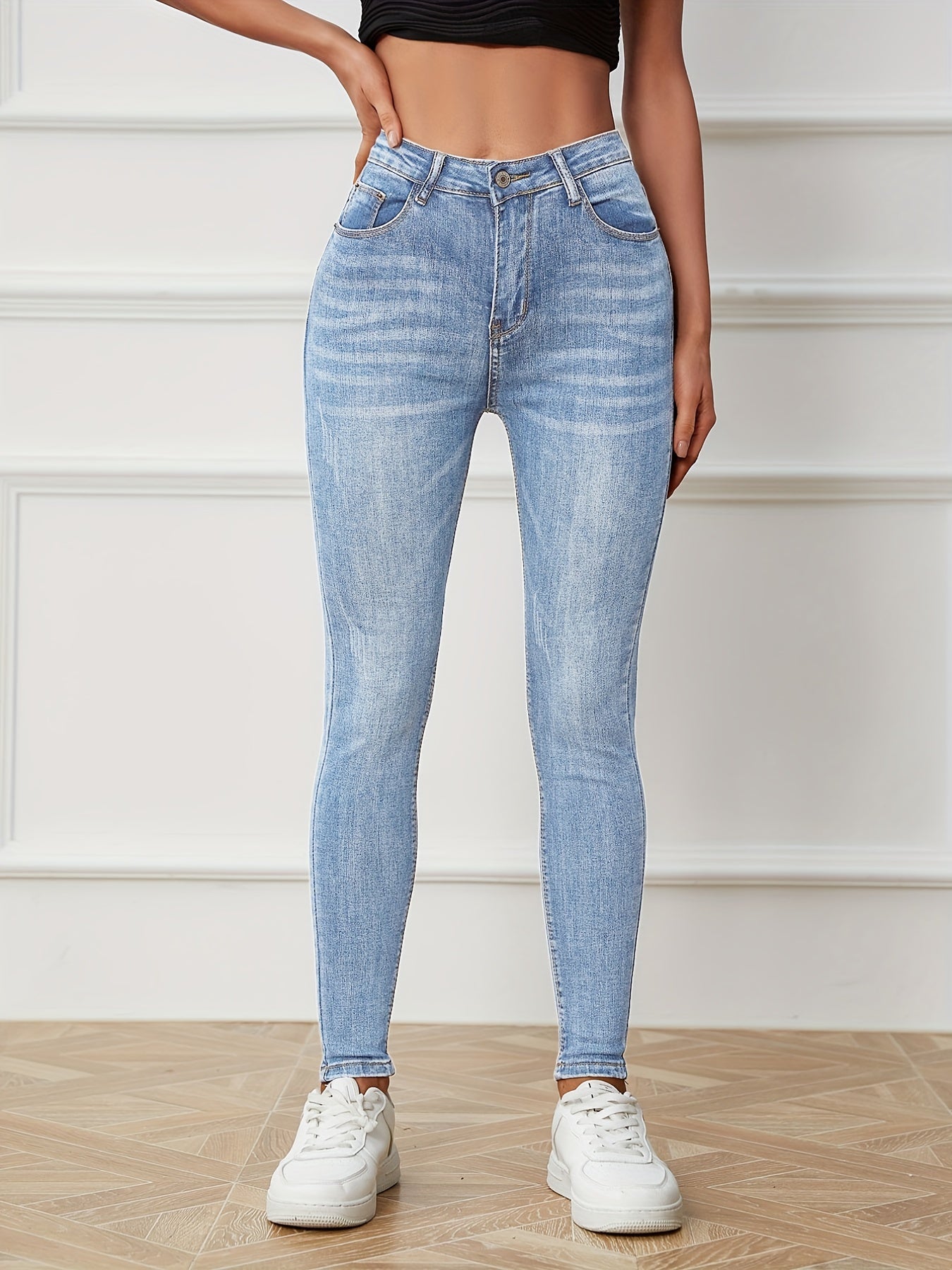 Sixsr High Rise Water Ripple Embossed Skinny Jeans, High Waist Zipper Button Closure Solid Color Skinny Pants, Women's Denim Jeans, Women's Clothing