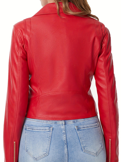 Slant Zipper Lapel Crop Biker Jacket, Vintage Solid Faux Leather Jacket, Women's Clothing