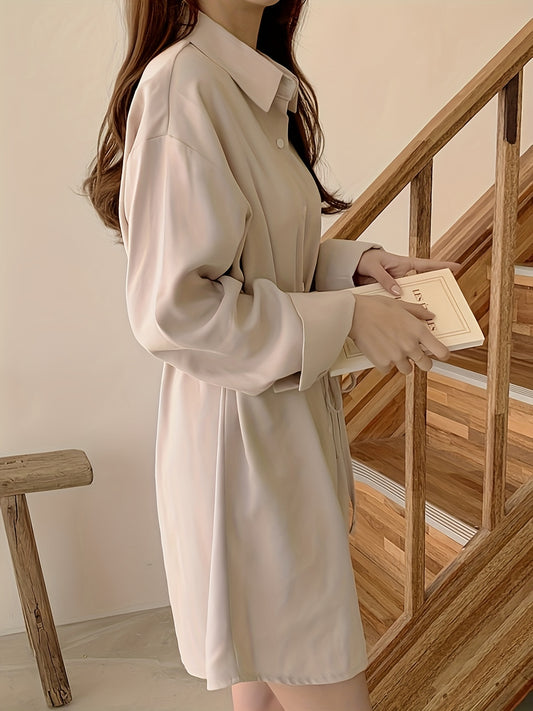 Sixsr Single Breasted Tie Waist Dress, Elegant Solid Long Sleeve Shirt Dress For Spring & Fall, Women's Clothing