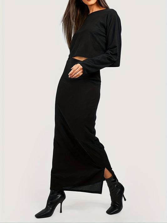 Sixsr Elegant Solid Two-piece Skirt Set, Crew Neck Long Sleeve Top & High Waist Slit Skirts Outfits, Women's Clothing