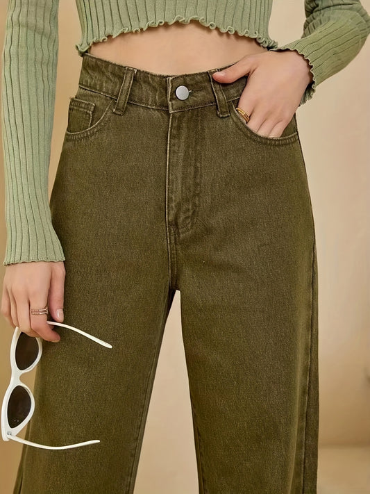 Sixsr Olive Green Frayed Hem Jeans, Solid Color Slant Pocket Straight Leg Denim Pants, Women's Denim Jeans & Clothing