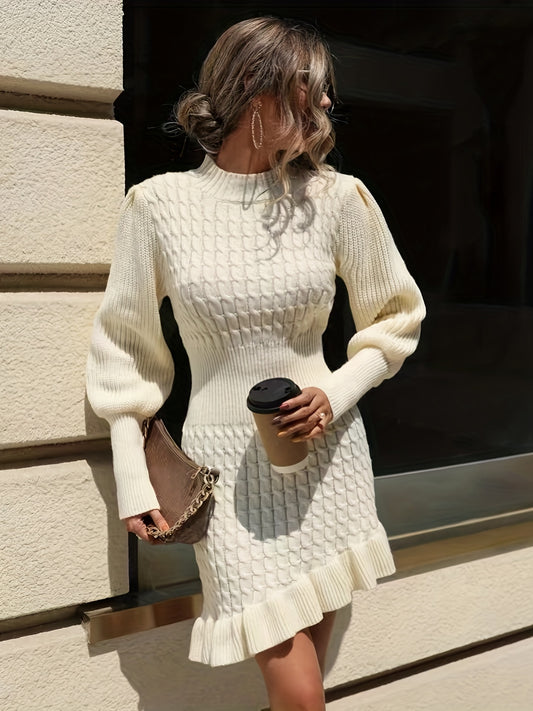 Sixsr Ruffle Asymmetrical Hem Sweater Dress, Elegant Long Sleeve Solid Dress, Women's Clothing