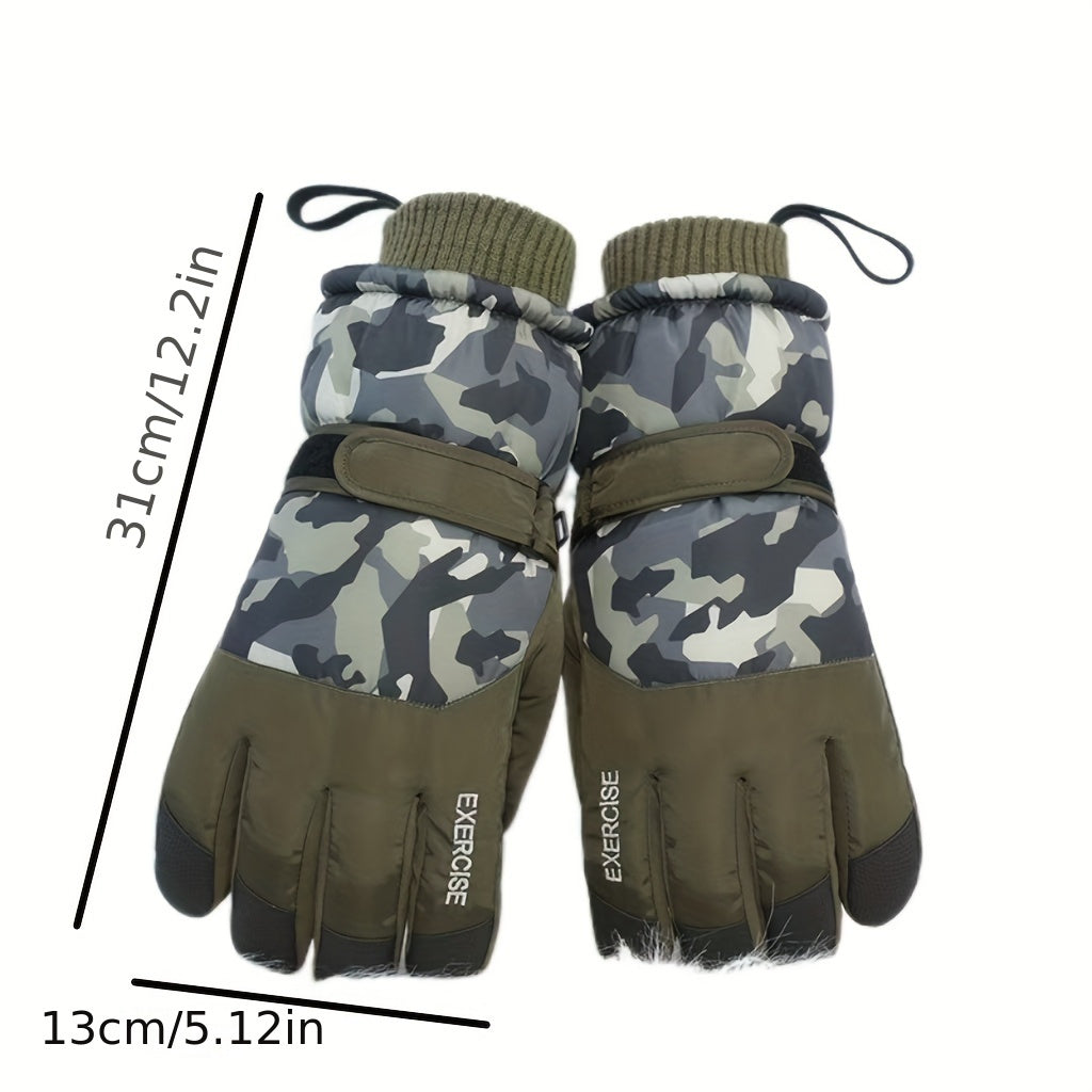 1 Pair Camouflage Ski Gloves for Men, Touchscreen Compatible, Windproof Waterproof Full-Finger Cycling Running Sports Winter Gloves with Fleece Lining, Hand Washable - Polyester Fiber