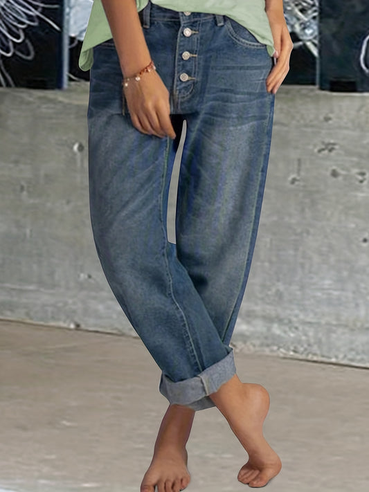 Sixsr Blue Loose Fit Straight Jeans, Single-Breated Button Slash Pockets Versatile Denim Pants, Women's Denim Jeans & Clothing