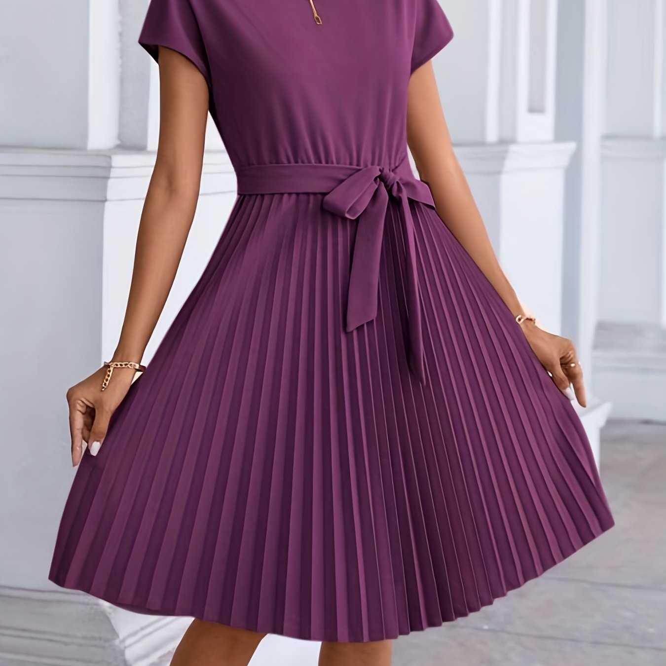 Pleated Tie Front Dress, Casual Short Sleeve Dress For Spring & Summer, Women's Clothing