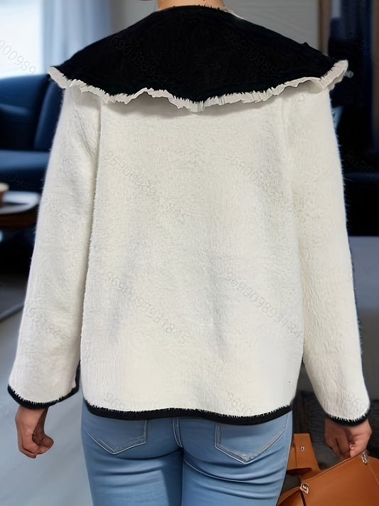 Sixsr Color Block Button Down Knit Cardigan, Elegant Turndown Collar Long Sleeve Sweater With Pocket, Women's Clothing