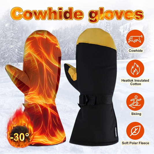 Men's Waterproof Ski Mittens with Drawstring Closure, Nylon Woven Fabric, Hand Washable - Thermal Insulated Gloves for Winter Sports