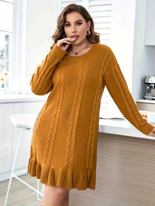 Sixsr Plus Size Casual Sweater Dress, Women's Plus Solid Cable Knit Round Neck Long Sleeve Ruffle Trim Slight Stretch Sweater Dress