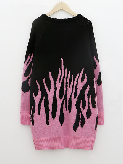 Flame Pattern Sweater Dress, Casual Crew Neck Long Sleeve Dress, Women's Clothing