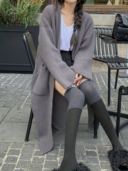 Sixsr Solid Open Front Knit Cardigan, Casual Long Sleeve Long Length Oversized Sweater Coat With Pocket, Women's Clothing