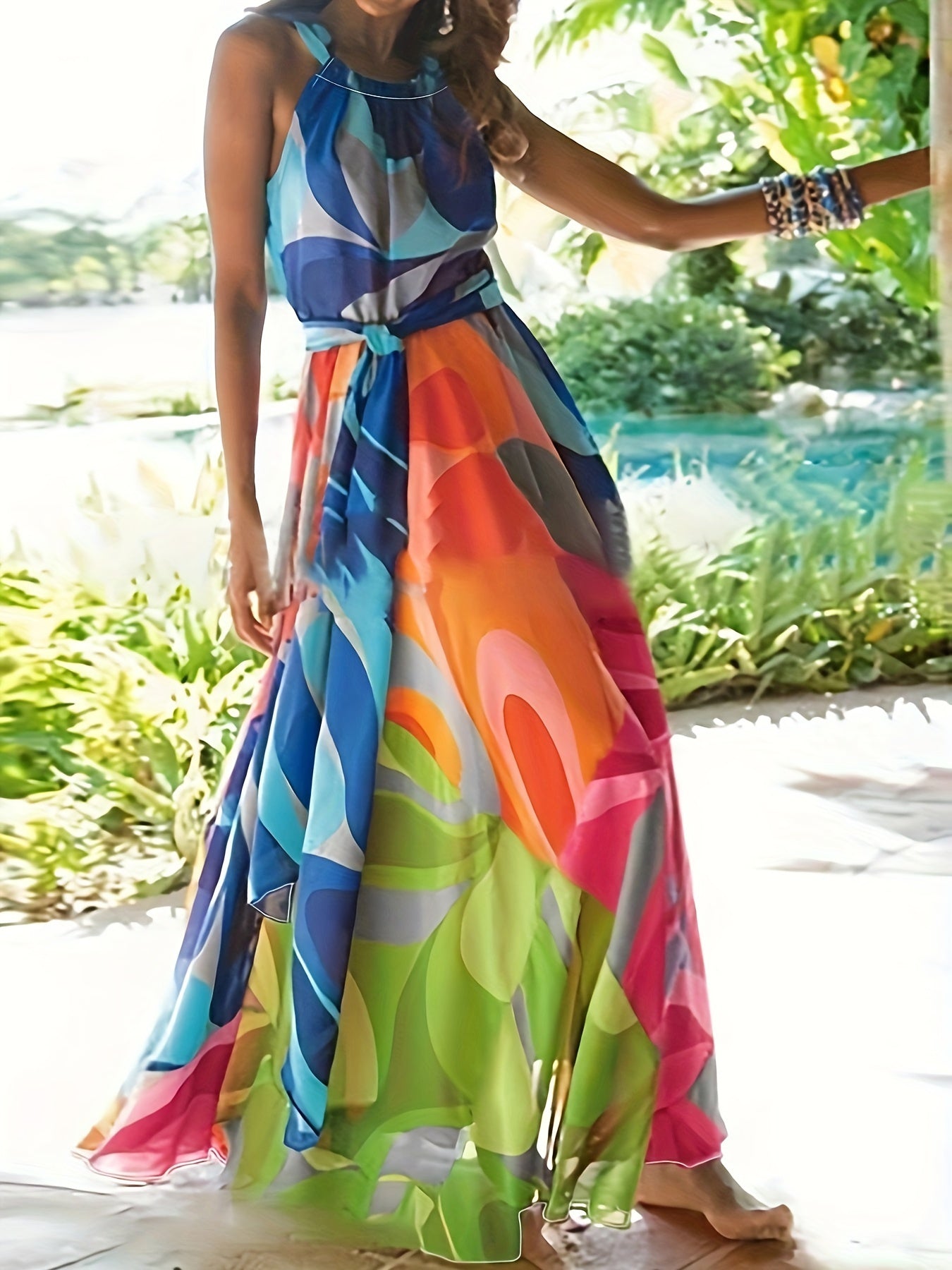 Colorful Allover Print Halter Dress, Vacation Sleeveless Tie Backless Dress, Women's Clothing