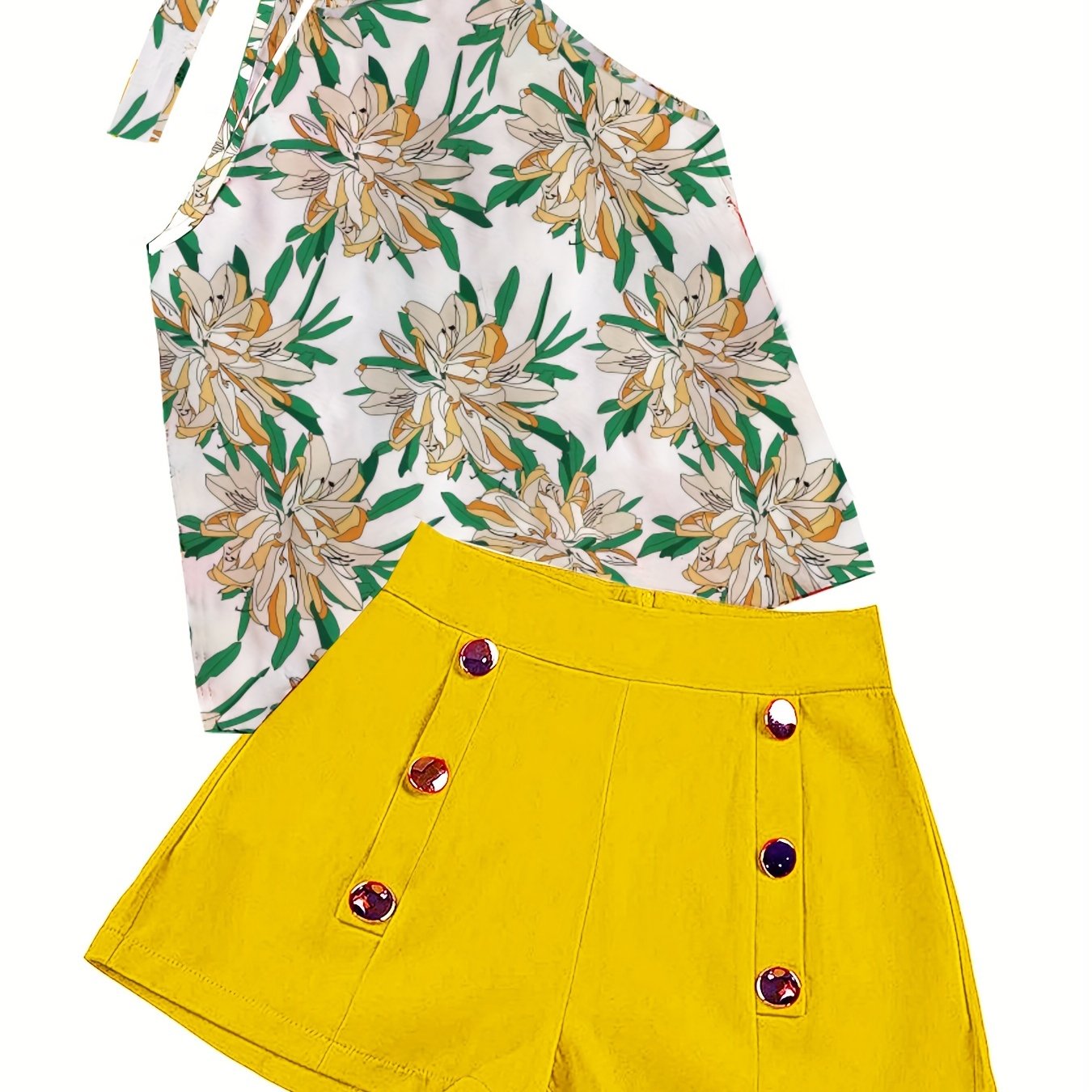 Vacation Beach Two-piece Set, Floral Print Ruched Sleeveless Top & Buttons Solid Shorts Outfits, Women's Clothing