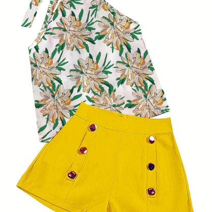 Vacation Beach Two-piece Set, Floral Print Ruched Sleeveless Top & Buttons Solid Shorts Outfits, Women's Clothing